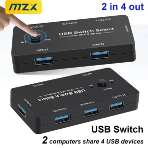 MZX KVM USB Switcher KM Switch Selector 2.0 Hub 2 Hosts Computer Laptop PC Desktop Accessories Share Printer Keyboard Mice Hubs